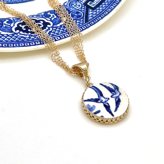 14K Gold Love Birds China Pendant or Necklace, Blue Willow Broken China Jewelry, 20th Anniversary Gift for Wife, Birthday Gift for Mom