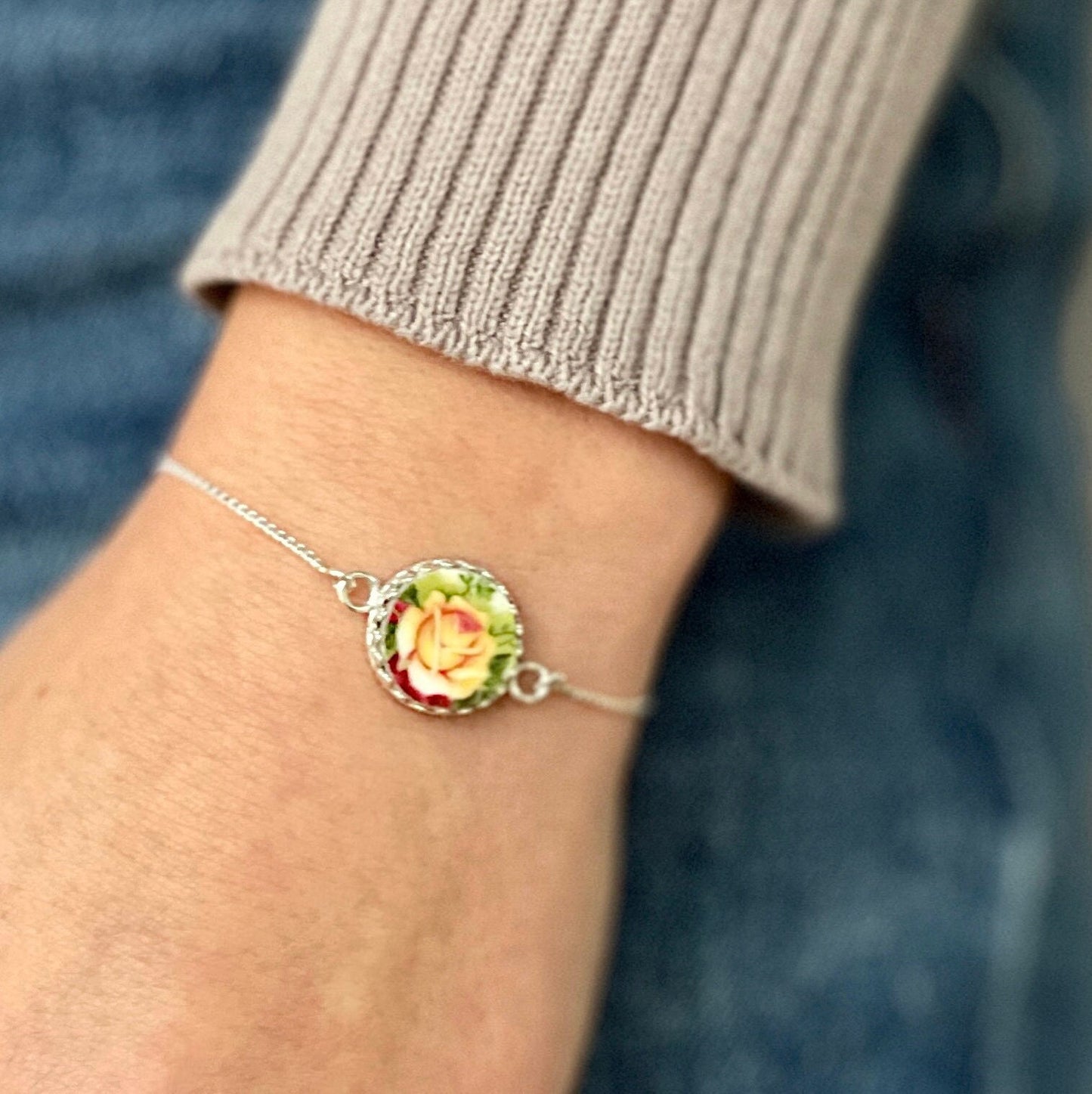Royal Albert Old Country Roses, Dainty Adjustable Yellow Rose Bracelet, Broken China Jewelry Anniversary Gifts for Women