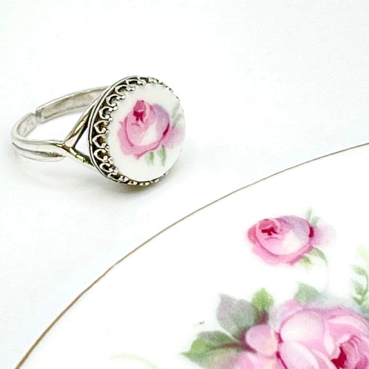 Pink Rose Broken China Jewelry Ring, Adjustable Sterling Silver Ring for Women, Graduation Gifts for Her