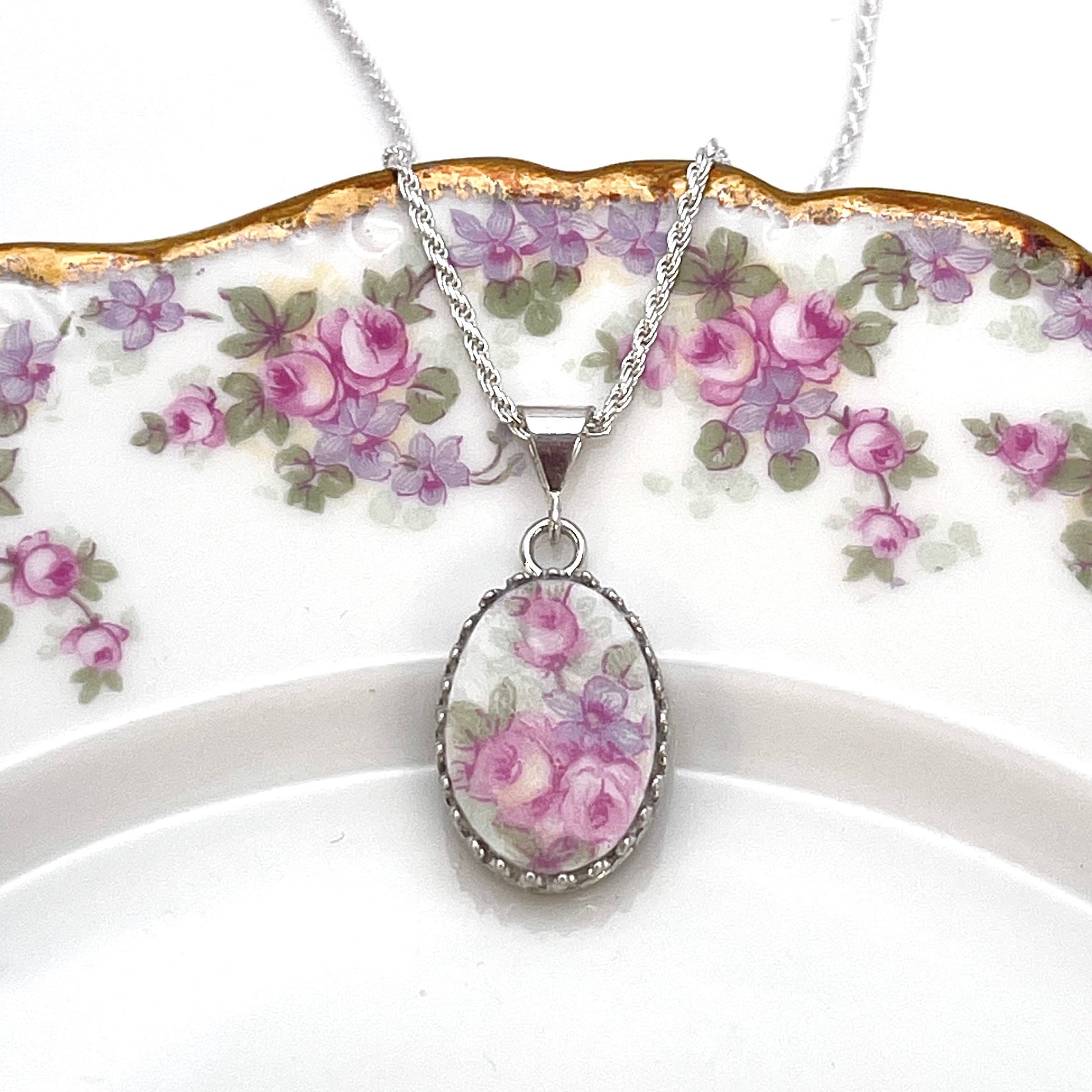 French Limoges Broken China Jewelry, Pink Roses Minimalist Necklace, Unique Birthday Gift for Wife, Gifts for Women