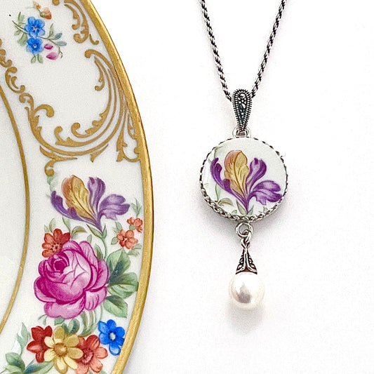 Sterling Silver Marcasite and Pearl Necklace, Purple Iris Flower, Broken China Jewelry Gift From Tennessee