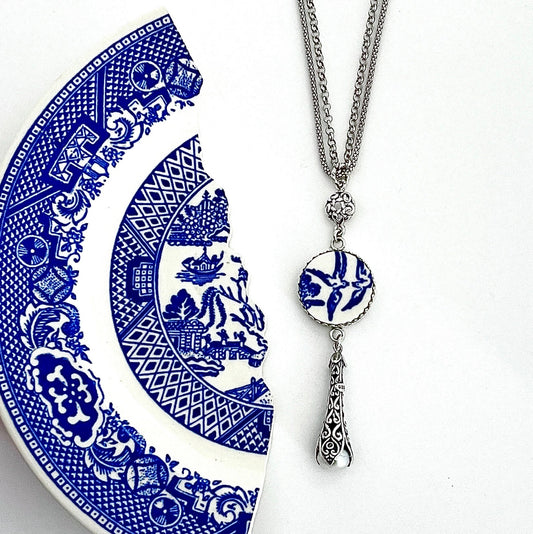 Unique 20th Anniversary Gift for Wife, Blue Willow Broken China Jewelry Necklace, Sterling Silver Pearl Drop Necklace, Handmade Jewelry Gift