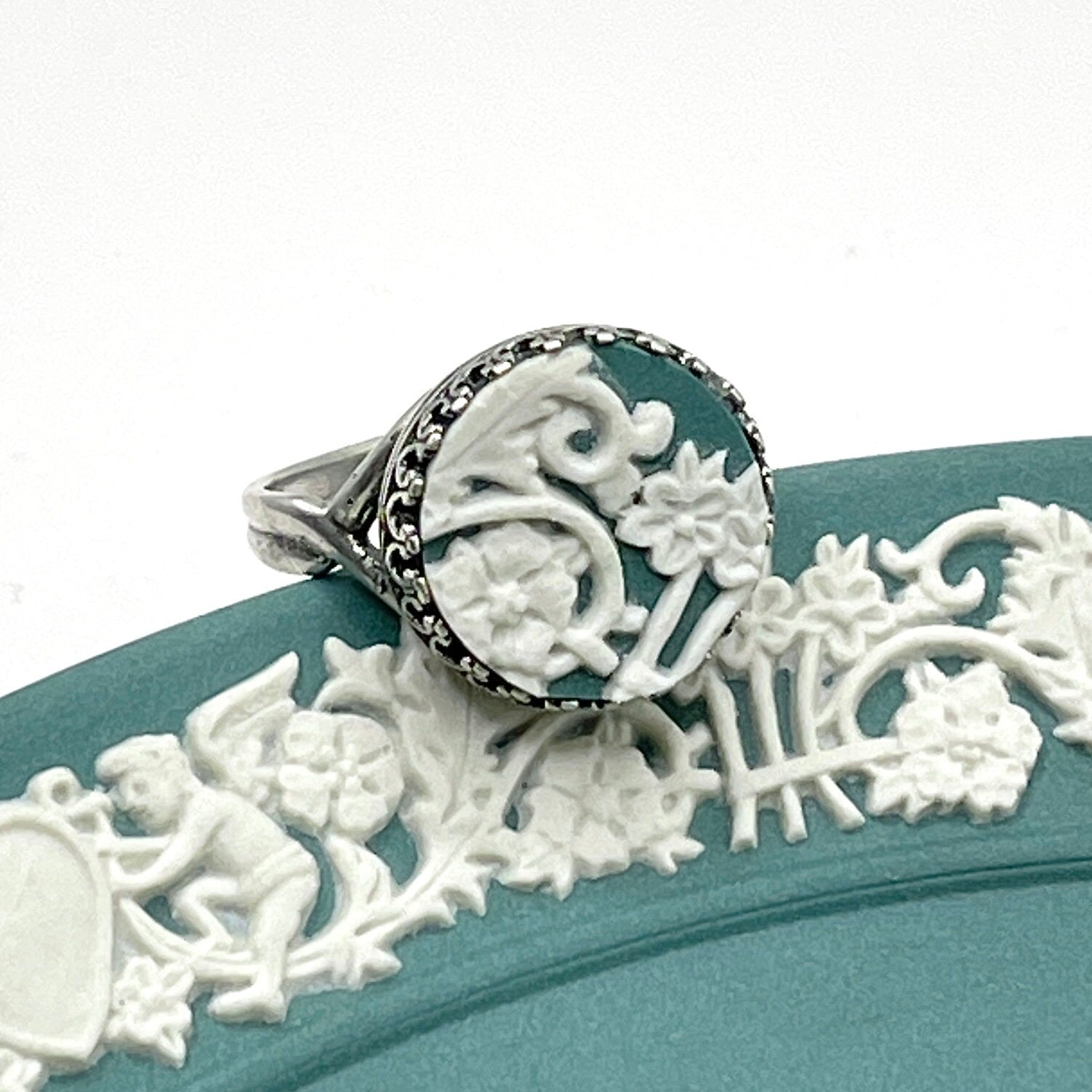 Vintage Wedgwood Ring, Broken China Jewelry, Teal Jasperware, Victorian Jewelry, Unique Gifts for Women