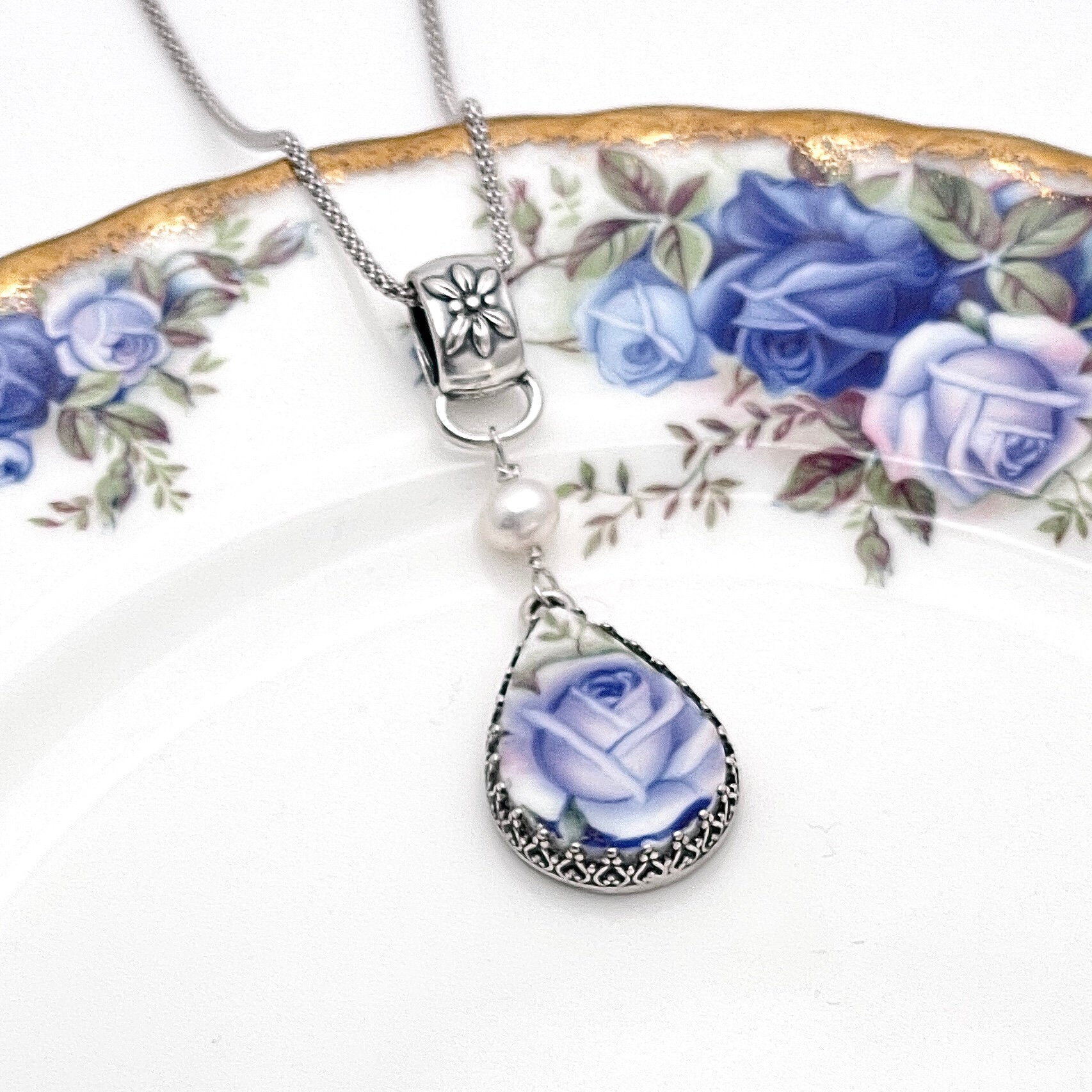 Royal Albert Moonlight Rose Broken China Jewelry, 20th Anniversary Gift for Wife, Pearl Necklace, Unique Gift, Graduation Gifts