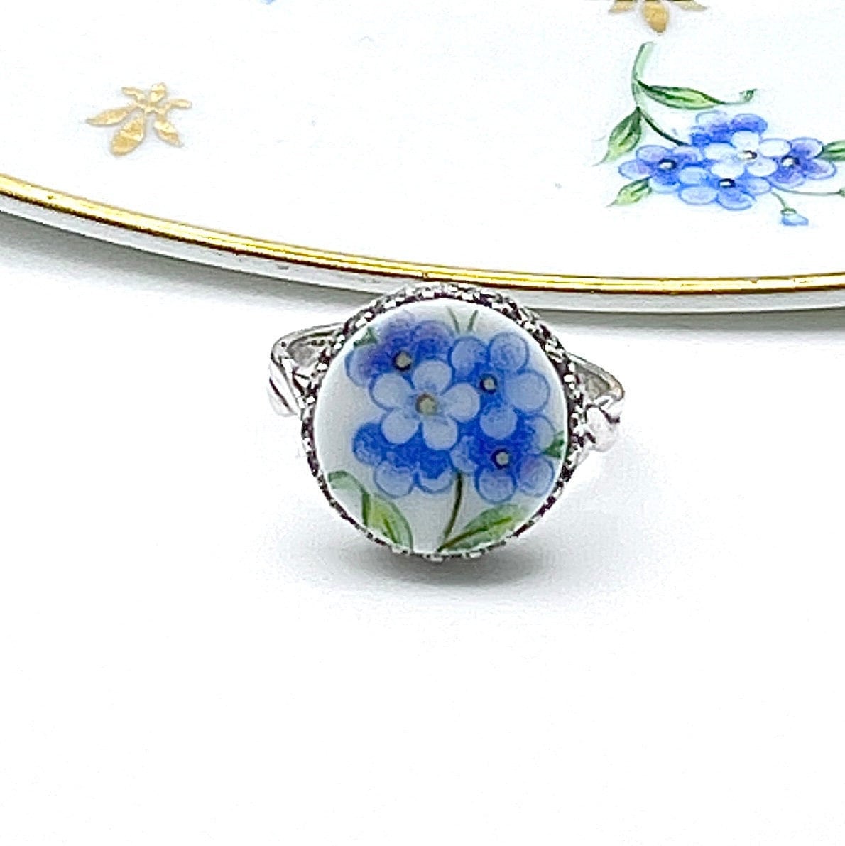 Adjustable Sterling Silver Flower Ring, Forget Me Not Broken China Jewelry,  Gifts for Women,