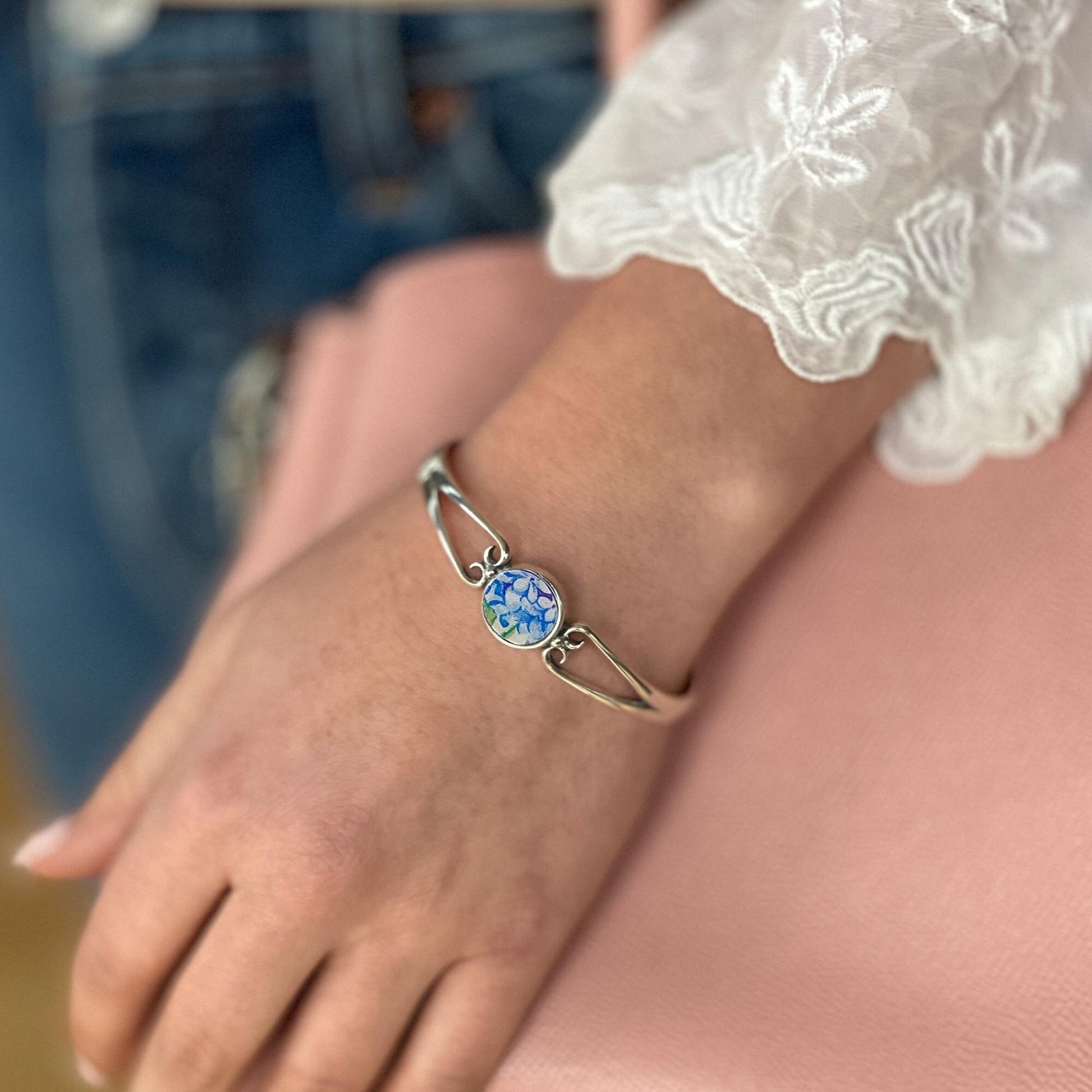 Hydrangea Flower Bracelet, Cape Cod Jewelry, Broken China Jewelry, 20th Anniversary Gift for Wife, Dainty Cuff Silver Bracelets for Women