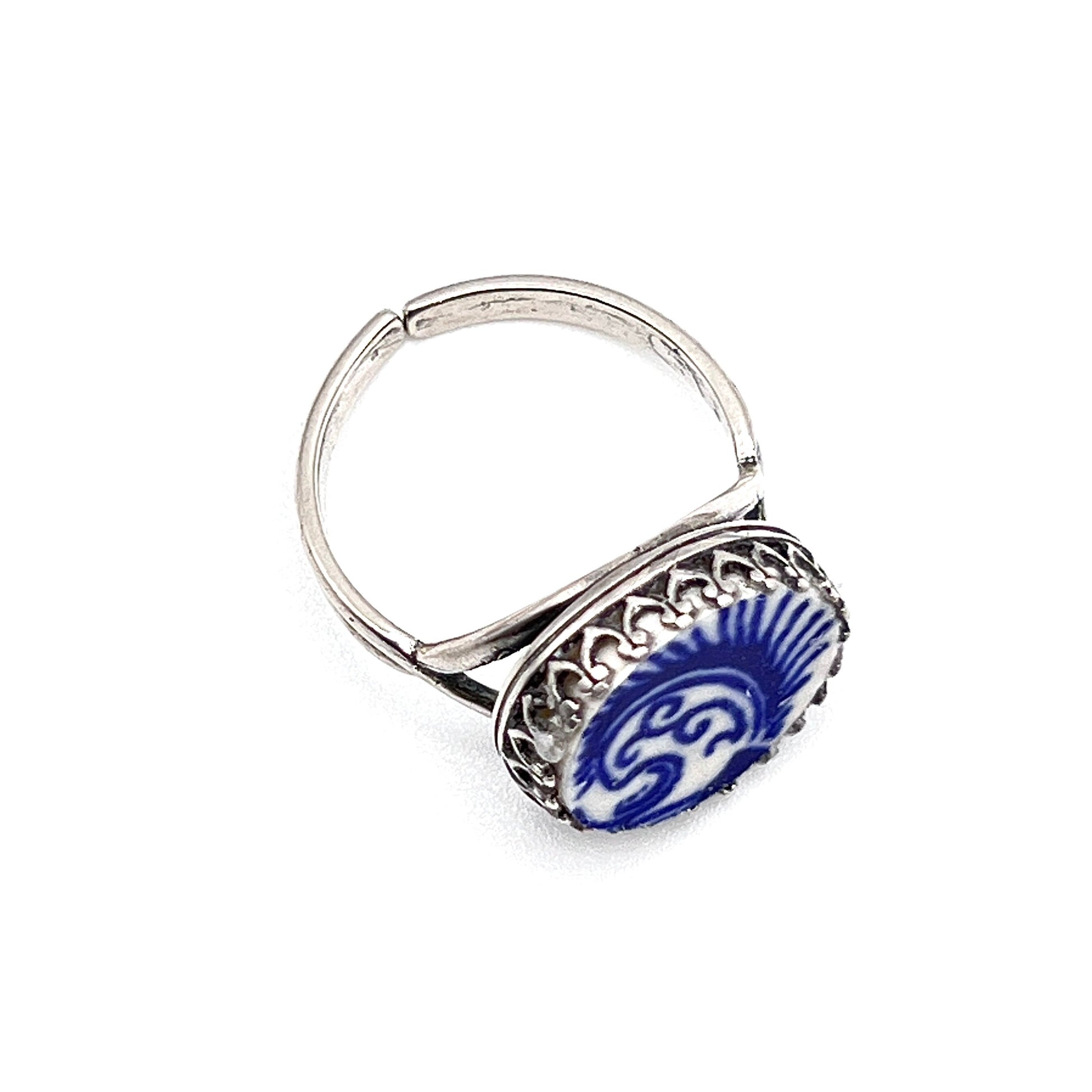 Blue Willow Ware Broken China Jewelry Ring, Sterling Silver Adjustable Ring, Gifts for Women,