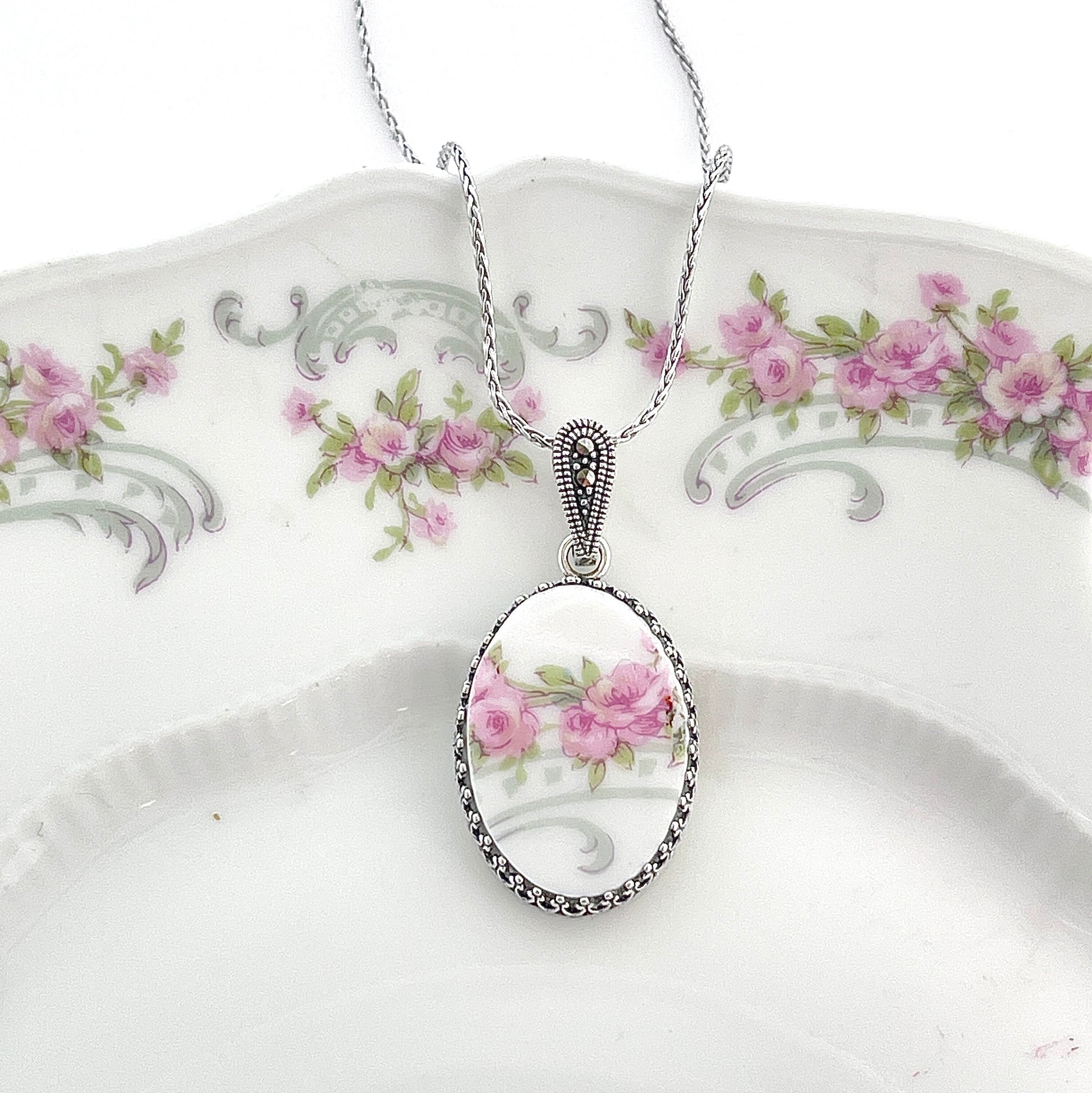 Adjustable Antique French Limoges China Pendant Necklace, 20th Anniversary Jewelry Gifts, Gift for Wife