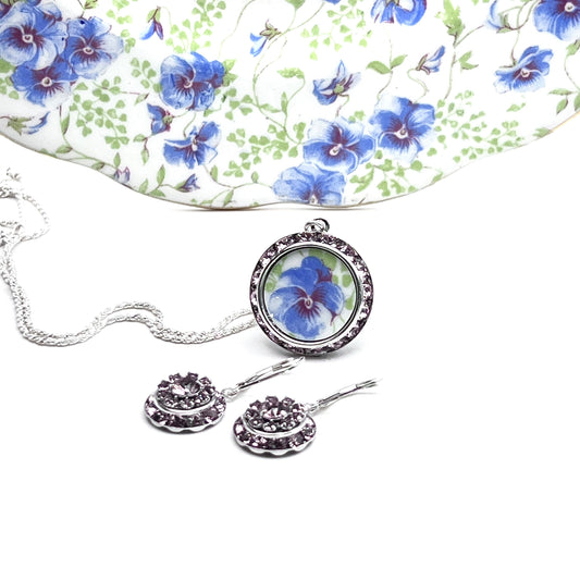 Unique Crystal Jewelry Set, Pansy Broken China Jewelry, Birthday Gift for Mom