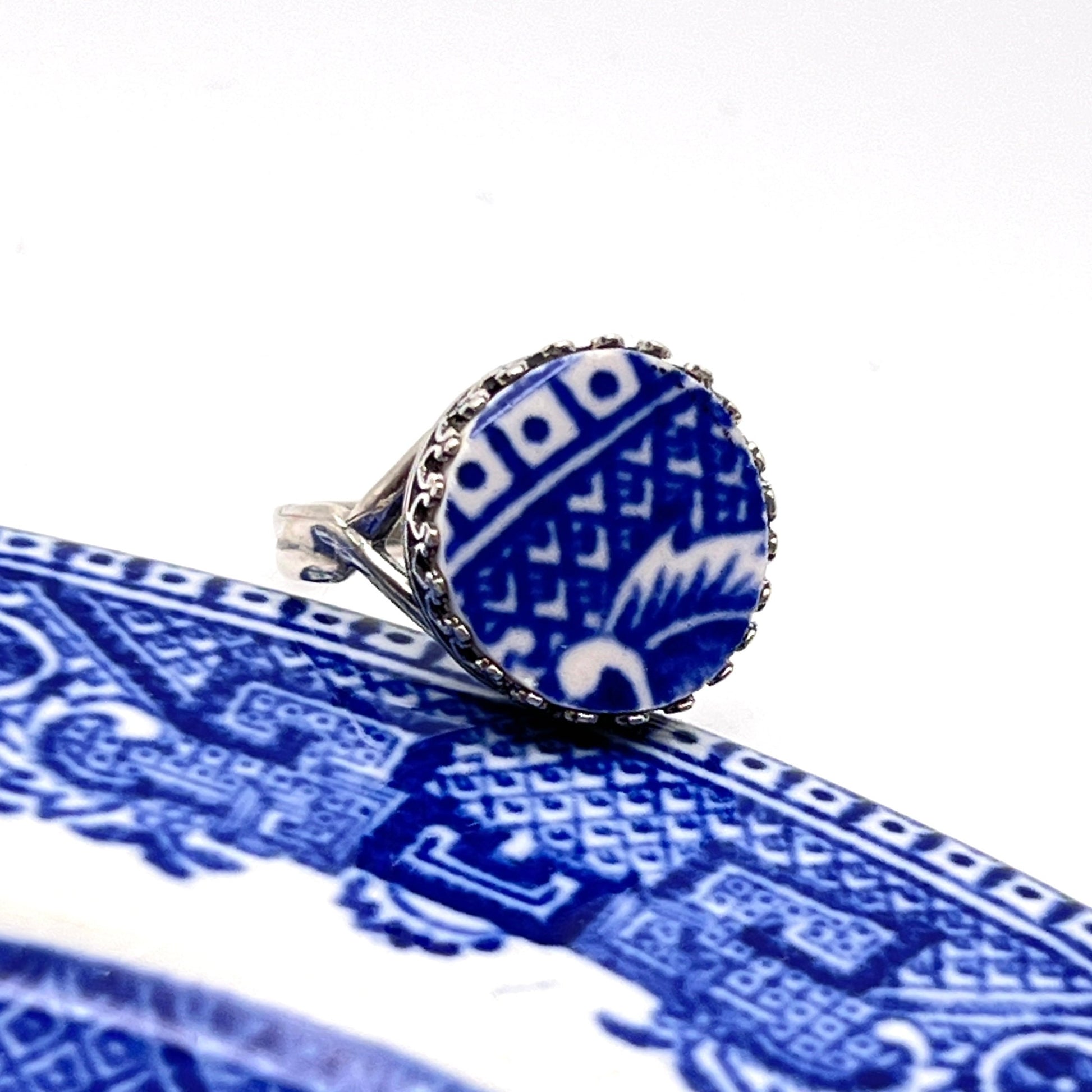 Blue Willow Broken China Jewelry Ring, Sterling Silver Adjustable Ring for Women, Vintage China
