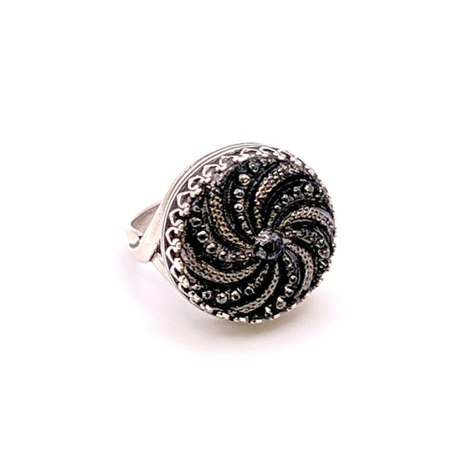 Vintage Black Glass Button Jewelry, Sterling Silver Adjustable Statement Ring, Victorian