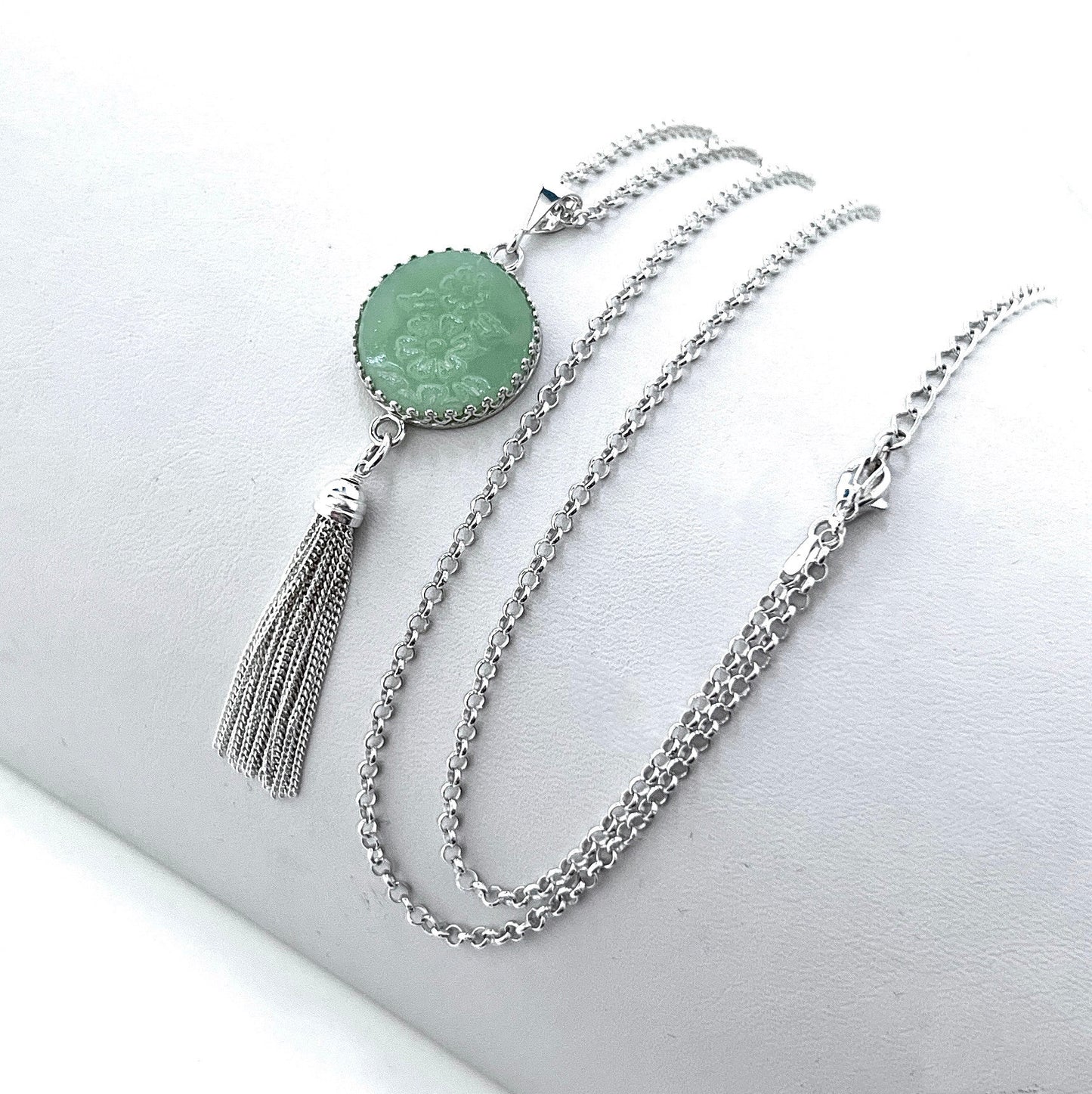 Jadeite Tassel Necklace and Earrings, Adjustable Sterling Silver Necklace, Fire King Alice Jadeite Jewelry Set