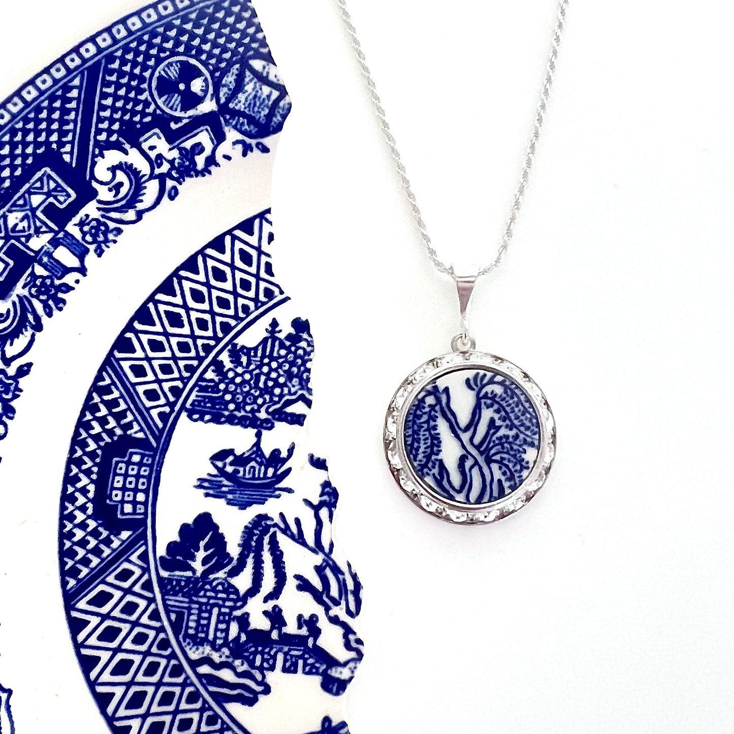 Vintage Blue Willow Crystal Necklace, Broken China Jewelry, Unique Anniversary Gifts for Wife, Willow Ware, Gifts for Women