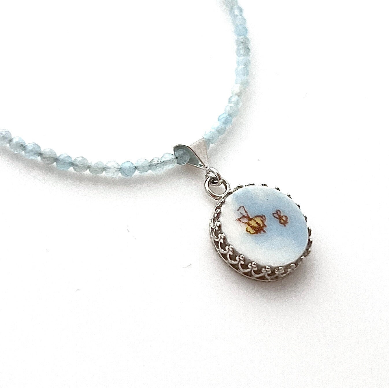 Dainty Aquamarine Bee Necklace, Unique Birthday Gifts for Women, Vintage Broken China Jewelry, Gemstone
