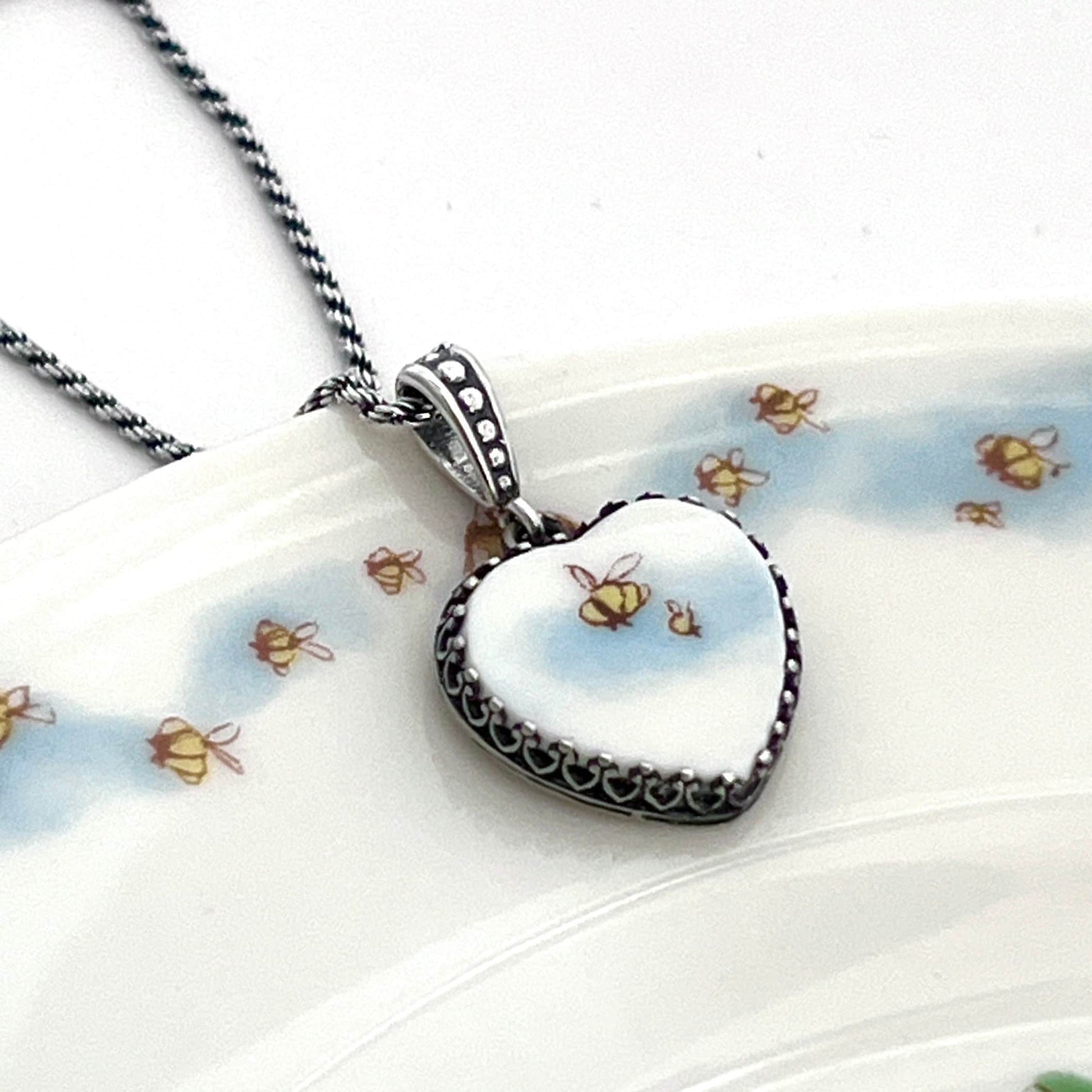 Dainty Bee Necklace, Broken China Jewelry Honey Bee Necklace, Sterling Silver Heart Jewelry