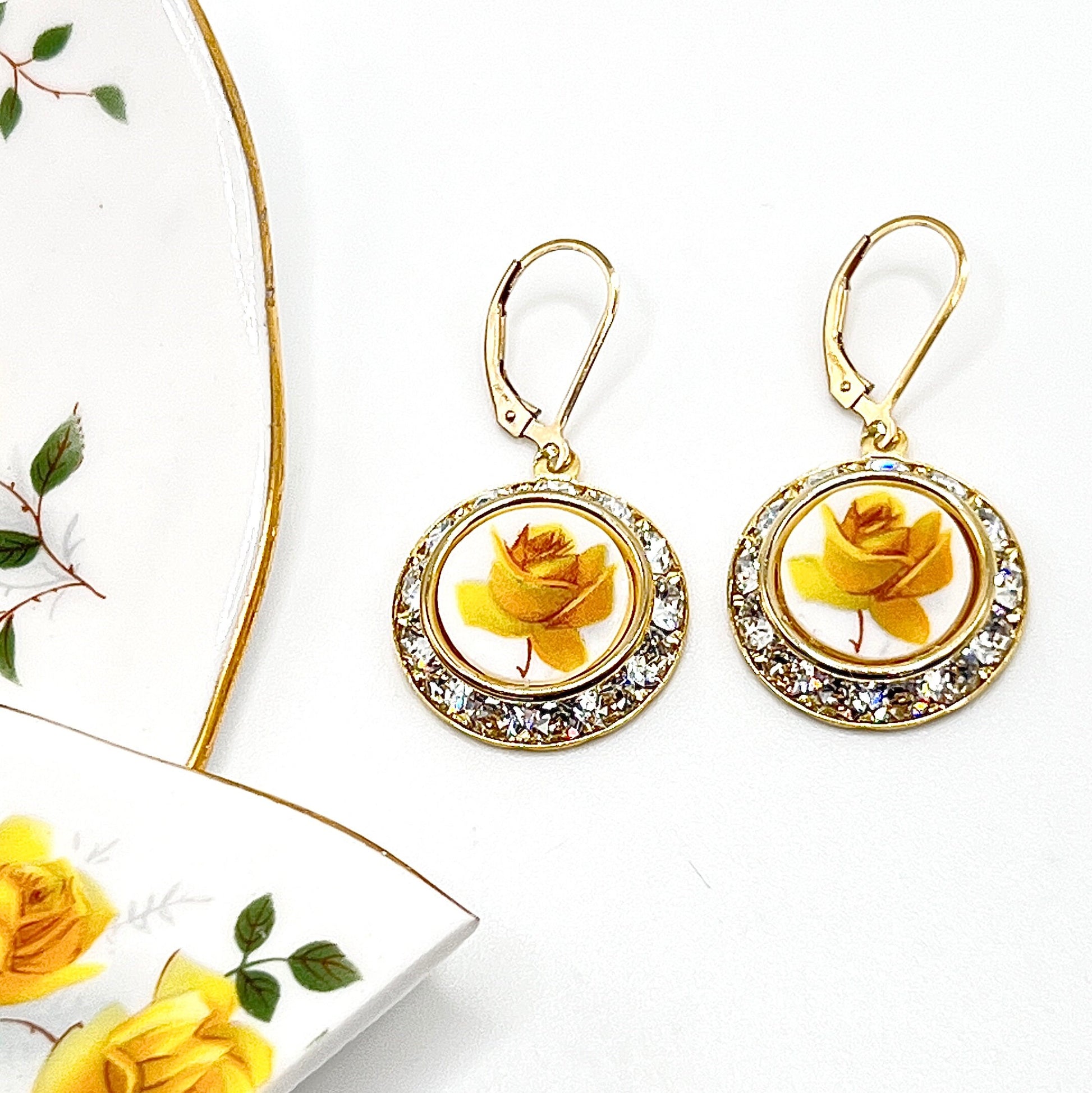 Gold Crystal Earrings, Victorian Yellow Rose Earrings, Broken China Jewelry Crystal Jewelry, Yellow Wedding