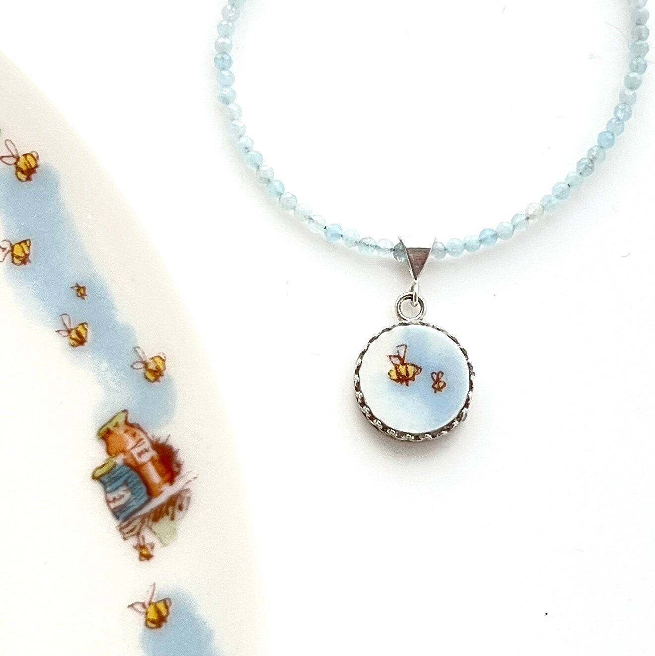 Dainty Aquamarine Bee Necklace, Unique Birthday Gifts for Women, Vintage Broken China Jewelry, Gemstone