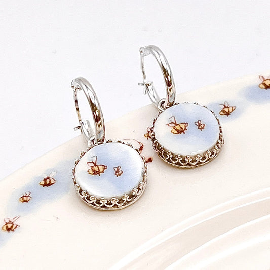 Dainty Bee Sterling Silver Hoop Earrings, Broken China Jewelry, Anniversary Gifts for Women