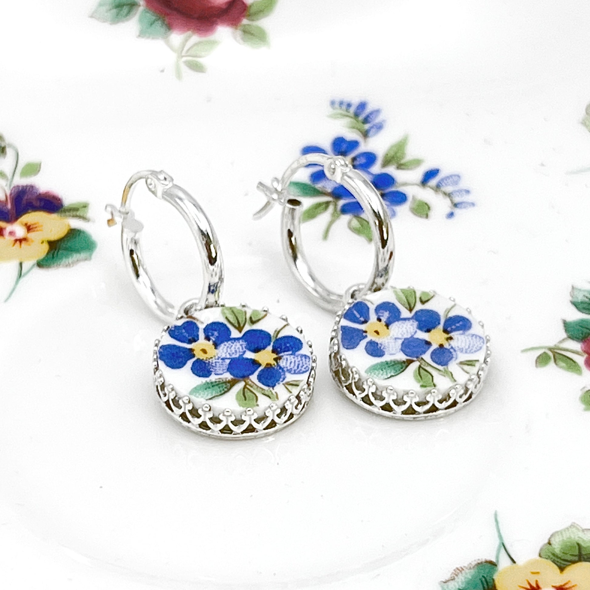 Blue Forget Me Not Earrings, Unique 20th Anniversary Gift for Wife, Broken China Jewelry, Sterling Silver Hoop Earrings
