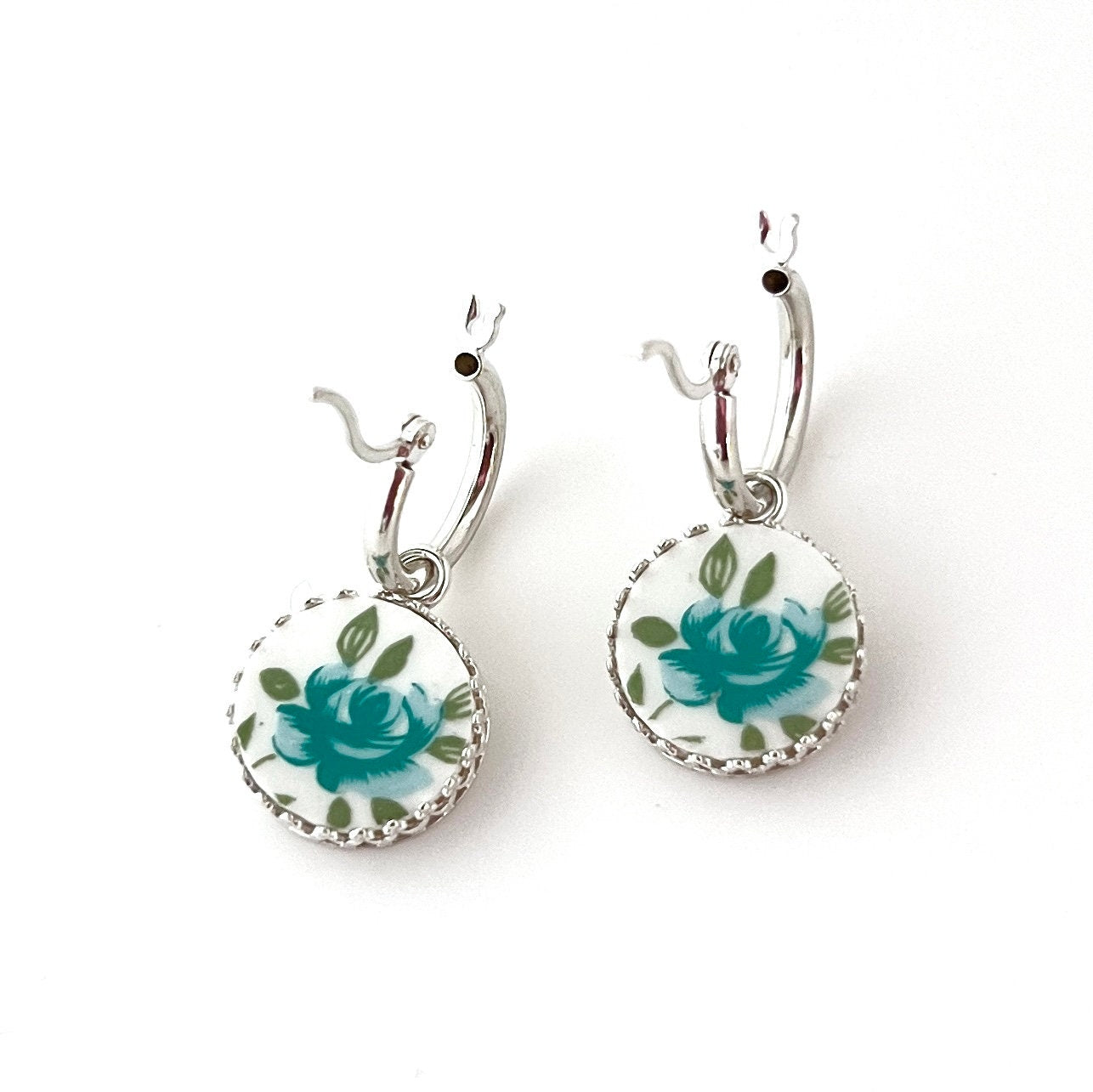 Aqua Blue Rose Earrings, Broken China Jewelry, Sterling Silver Hoop Earrings