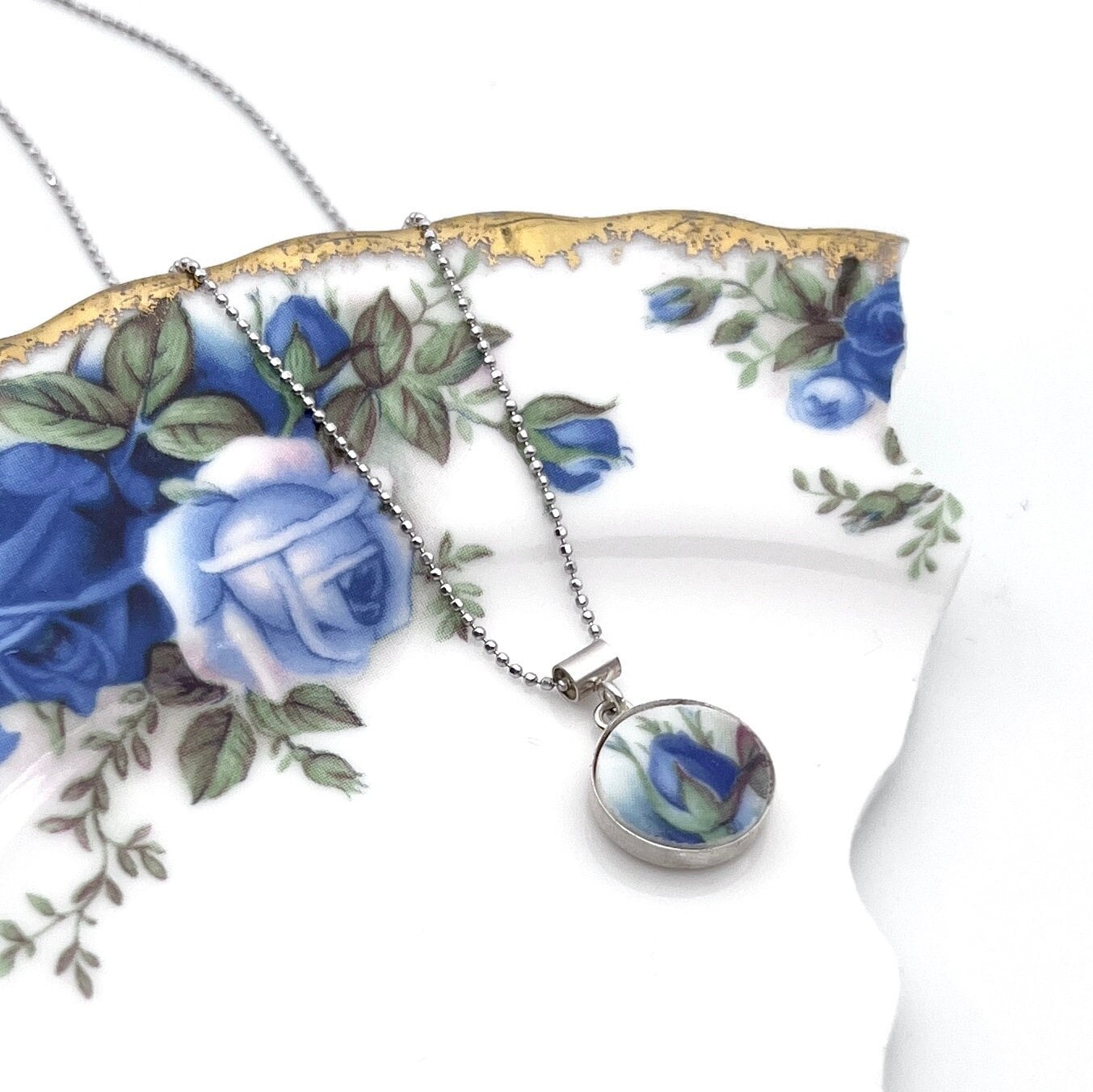 Moonlight Rose Dainty Necklace, Royal Albert Broken China Jewelry, Blue Rose China Necklace, Unique Birthday Handmade Jewelry Gift for Women