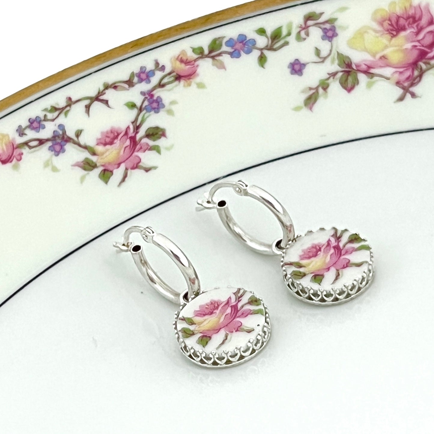 Dainty French Limoges China Hoop Earrings, Unique Birthday Gift for Wife, Broken China Jewelry