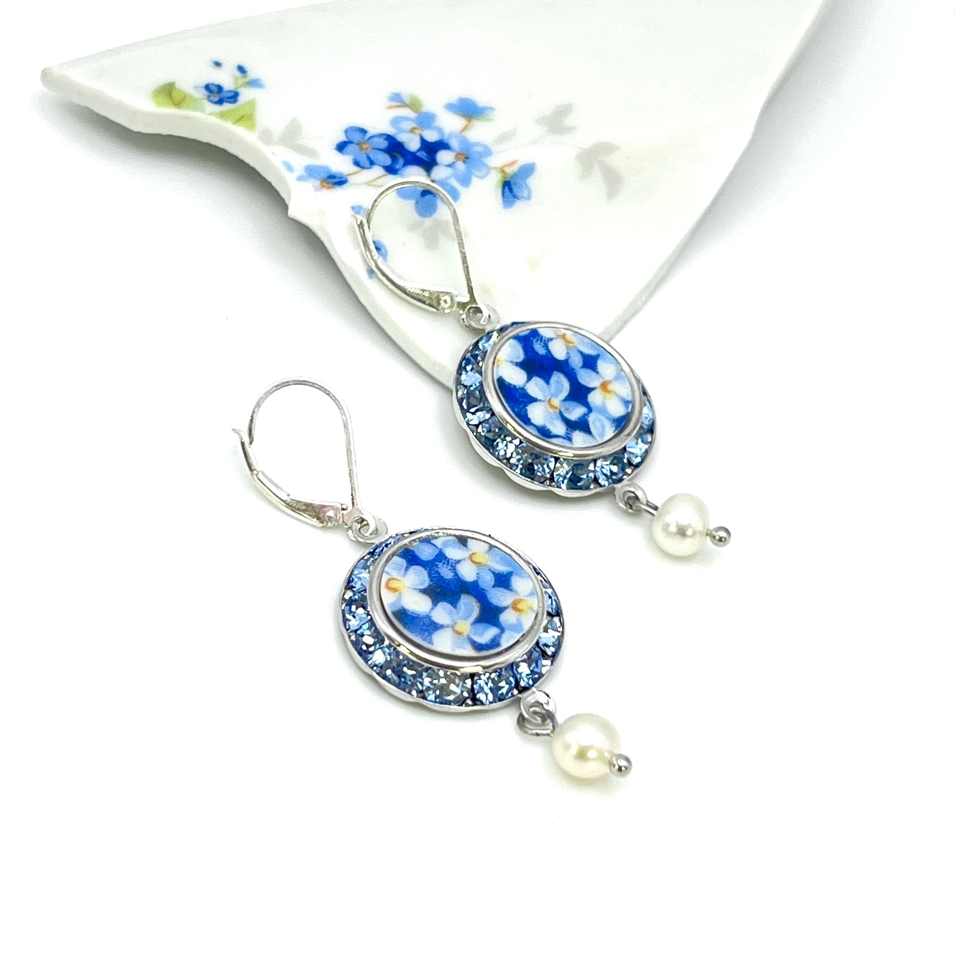 Crystal and Pearl Drop Earrings, Forget Me Not Earrings, Broken China Jewelry, Unique  Gifts for Women,