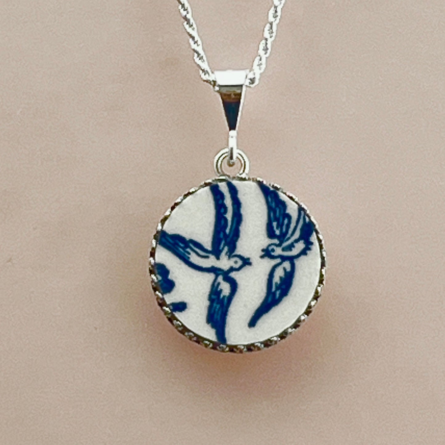 Love Birds Vintage Blue Willow Ware China Necklace Broken China Jewelry 20th Anniversary Gift for Wife Sterling Silver Jewelry Gifts