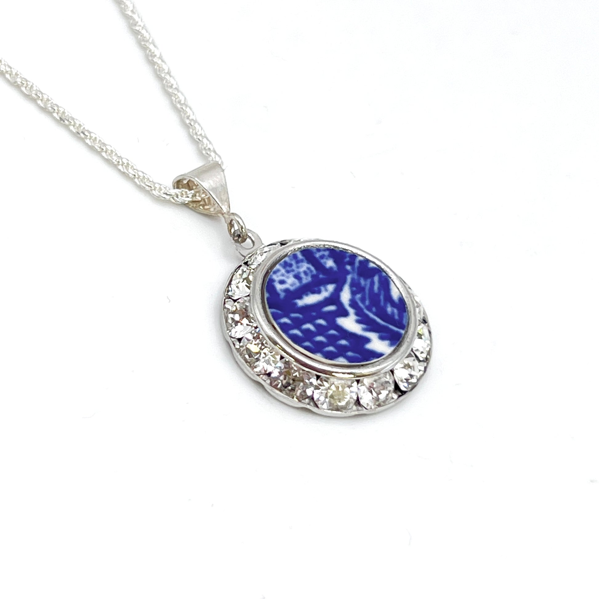 Blue Willow Necklace, Crystal Broken China Jewelry, One-of-a-Kind Unique 9th and 20th Anniversary Gifts for Wife, Gifts for Women