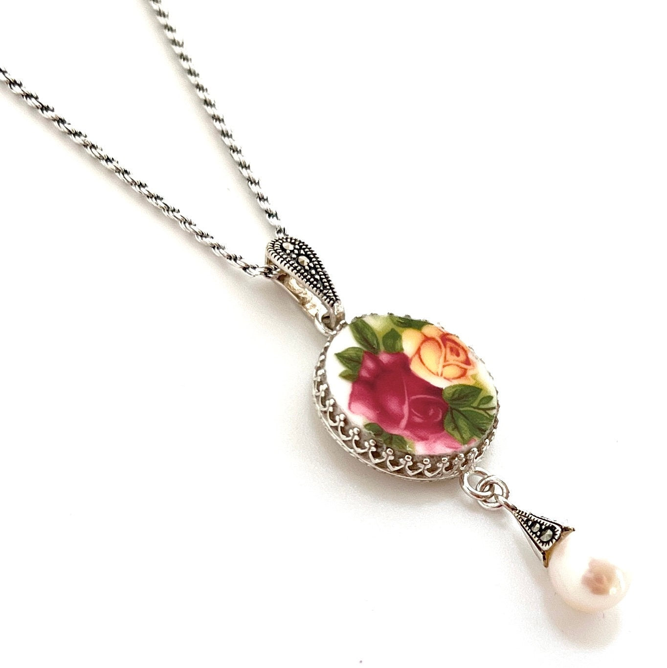 Sterling Silver Marcasite and Pearl Necklace, Old Country Roses 20th Anniversary Gift for Wife, Broken China Jewelry, Gifts for Her