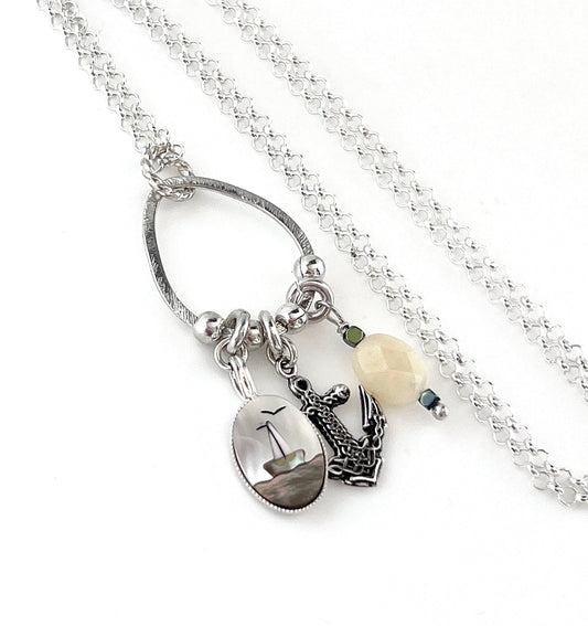 Mother of Pearl Shell Sailboat Necklace, Sterling Silver Nautical Jewelry, Anchor Charm Cameo Necklace, Unique Gifts for Women