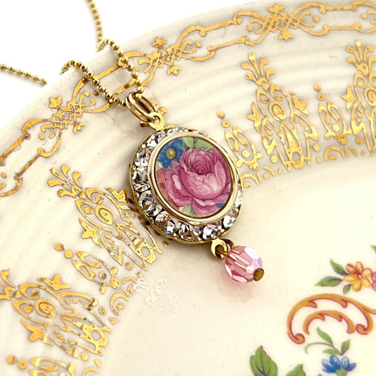 Pink Rose Vintage China Necklace, Adjustable Gold Necklace, Crystal Jewelry, Unique Gifts for Women,  Gifts