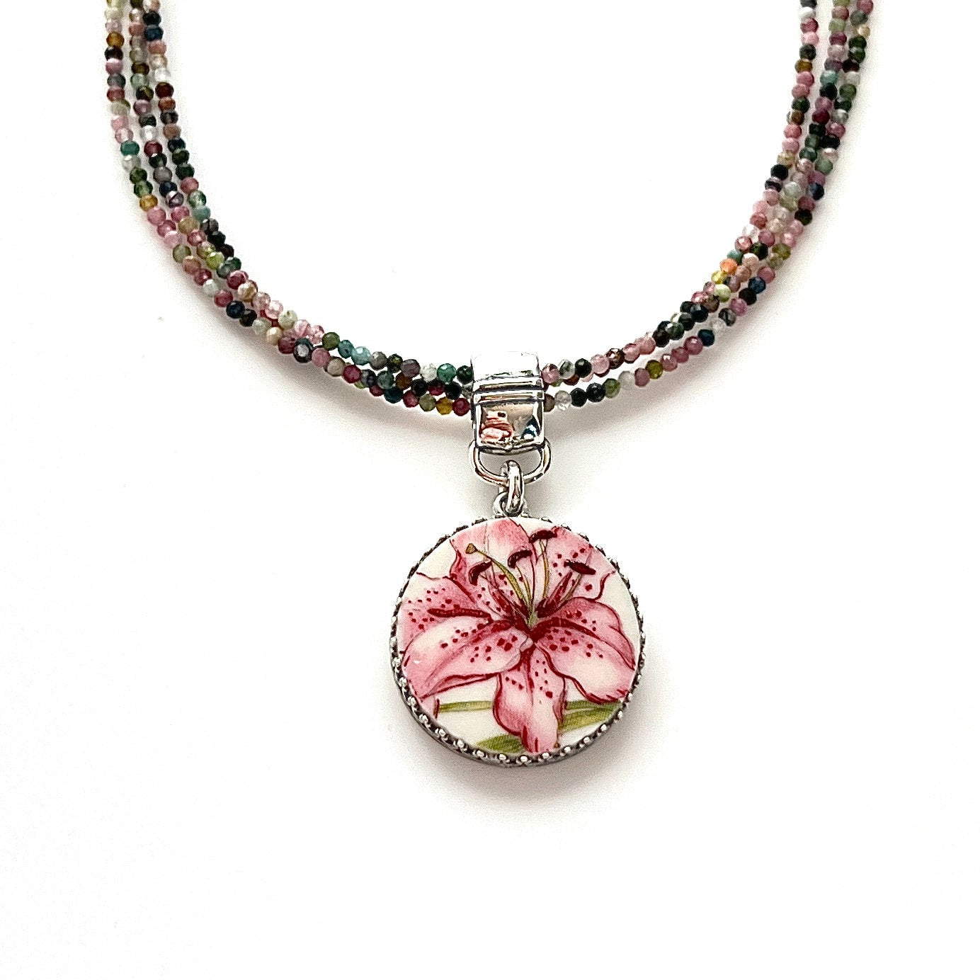CUSTOM ORDER Large Round China Necklace with Gemstone Chain, Made From Your Family China, Custom Broken China Jewelry, Unique Jewelry Gifts