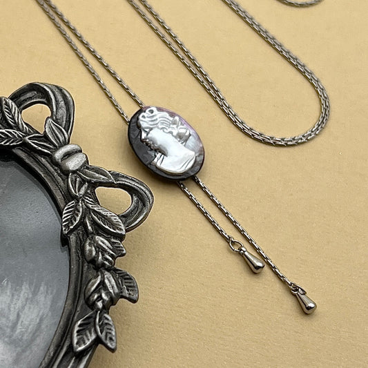 Ghostly Halloween Cameo Lariat Necklace, Halloween Jewelry, Vintage Shell Cameo