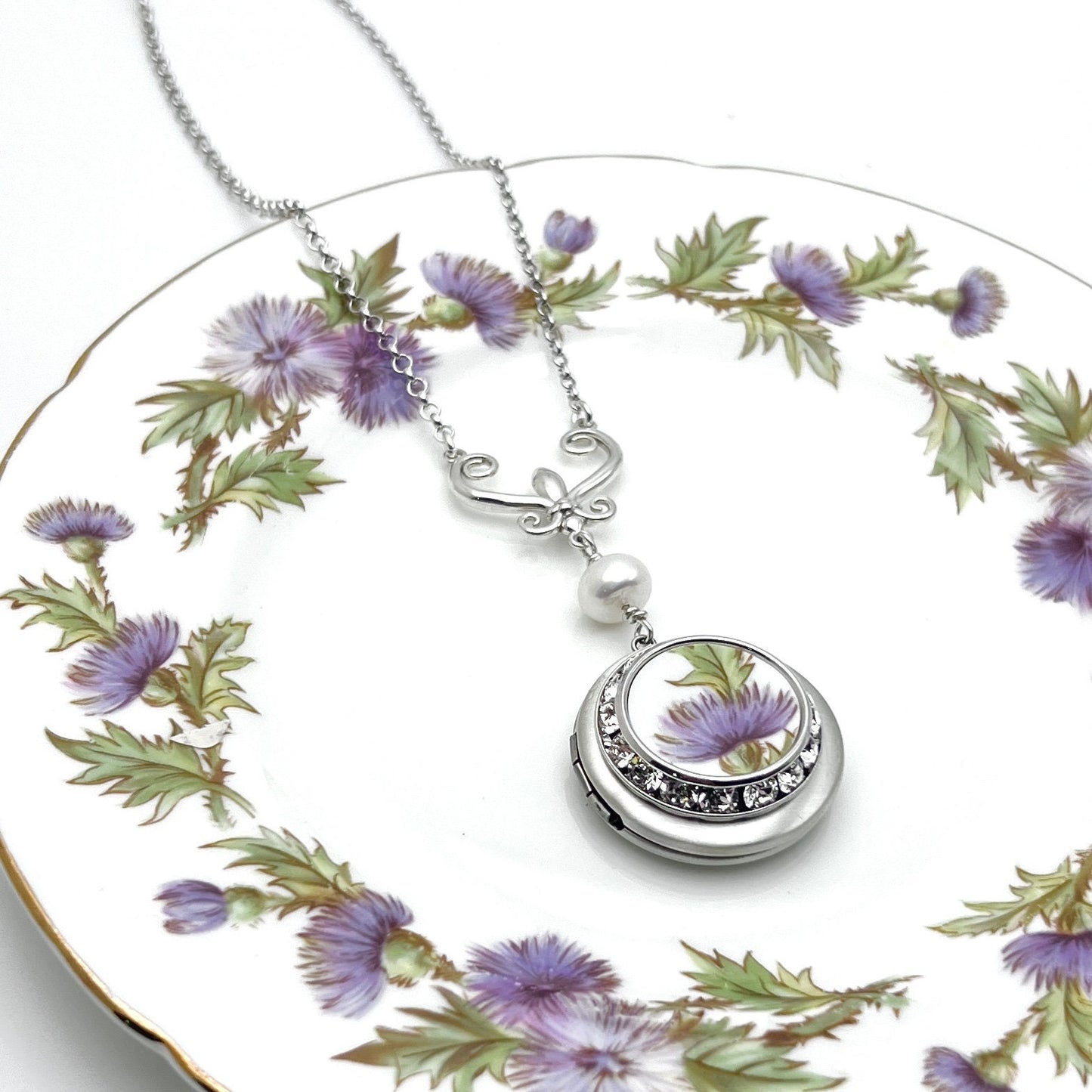 Purple Thistle Locket Necklace, Broken China Jewelry Photo Locket, Scottish Thistle Jewelry, Unique Crystal Jewelry Gifts for Women