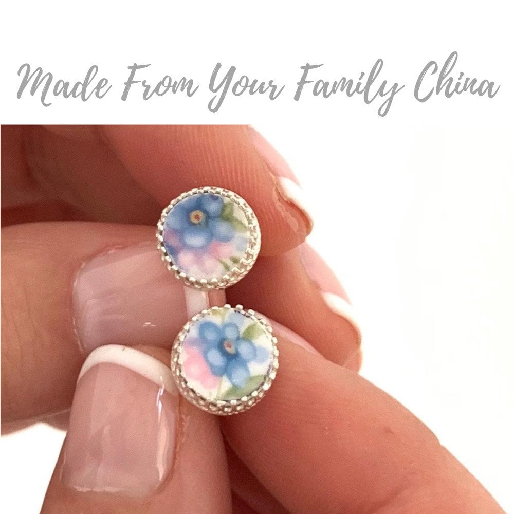 CUSTOM ORDER China Stud Earrings, Custom Broken China Jewelry, Dainty Silver Post Earrings, Memorial Jewelry, Made From Your China