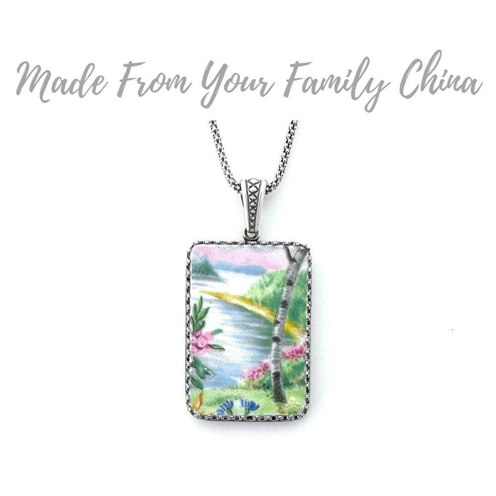 CUSTOM ORDER Rectangle Statement Necklace, Broken China Jewelry, Family Jewelry, Sister Mom Gift, Made From Your China, Custom Jewelry