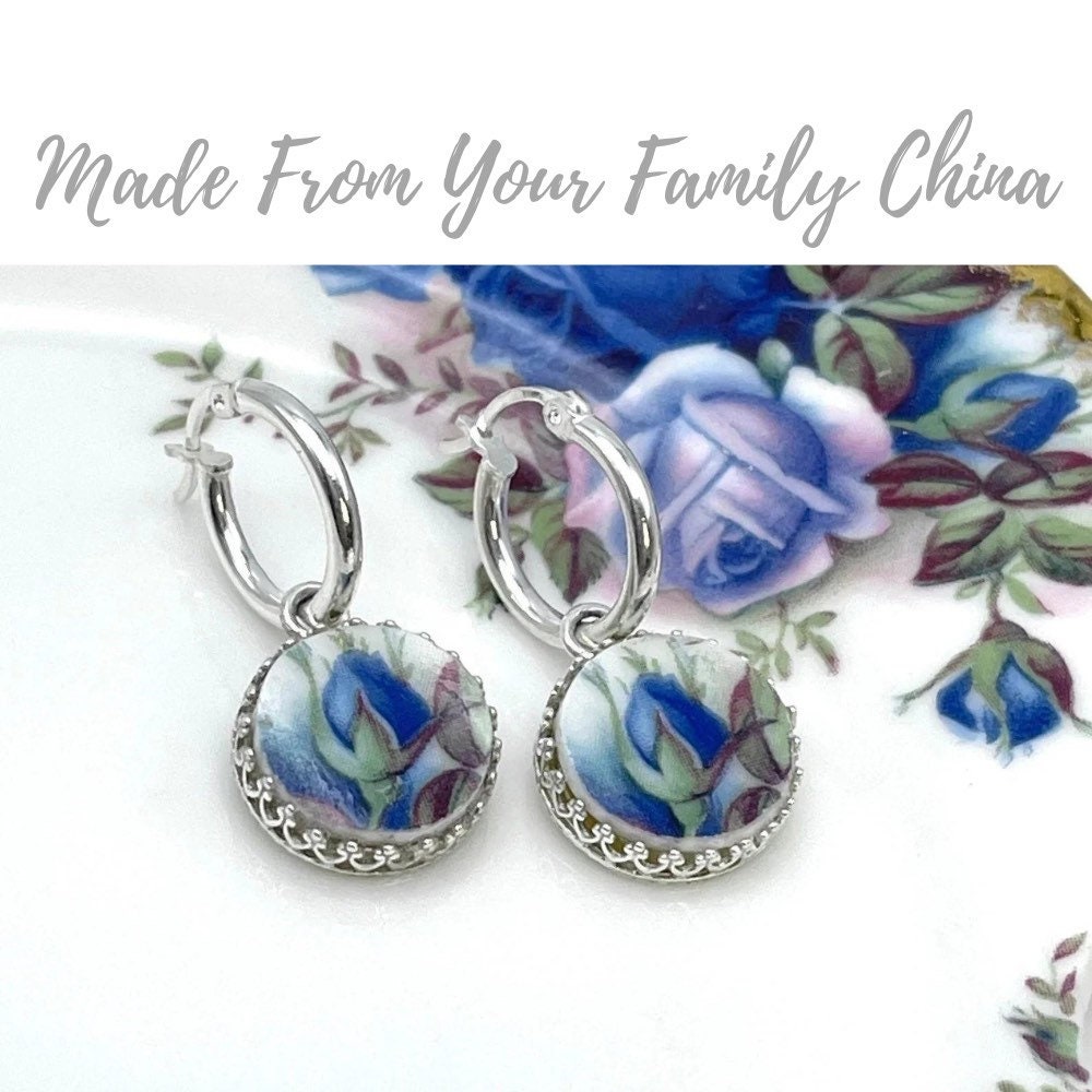CUSTOM ORDER Sterling Silver Hoop China Earrings, Anniversary Gifts for Wife, Broken China Jewelry, Made From Your China, Custom Jewelry