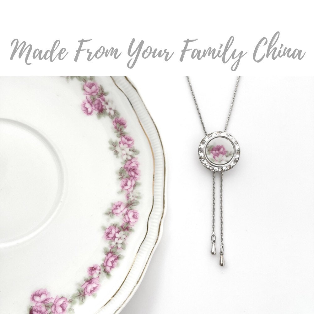 CUSTOM ORDER Adjustable China Lariat Necklace, Crystal Bolo Tie, Custom Broken China Jewelry, Unique Gifts for Women, Made From Your China