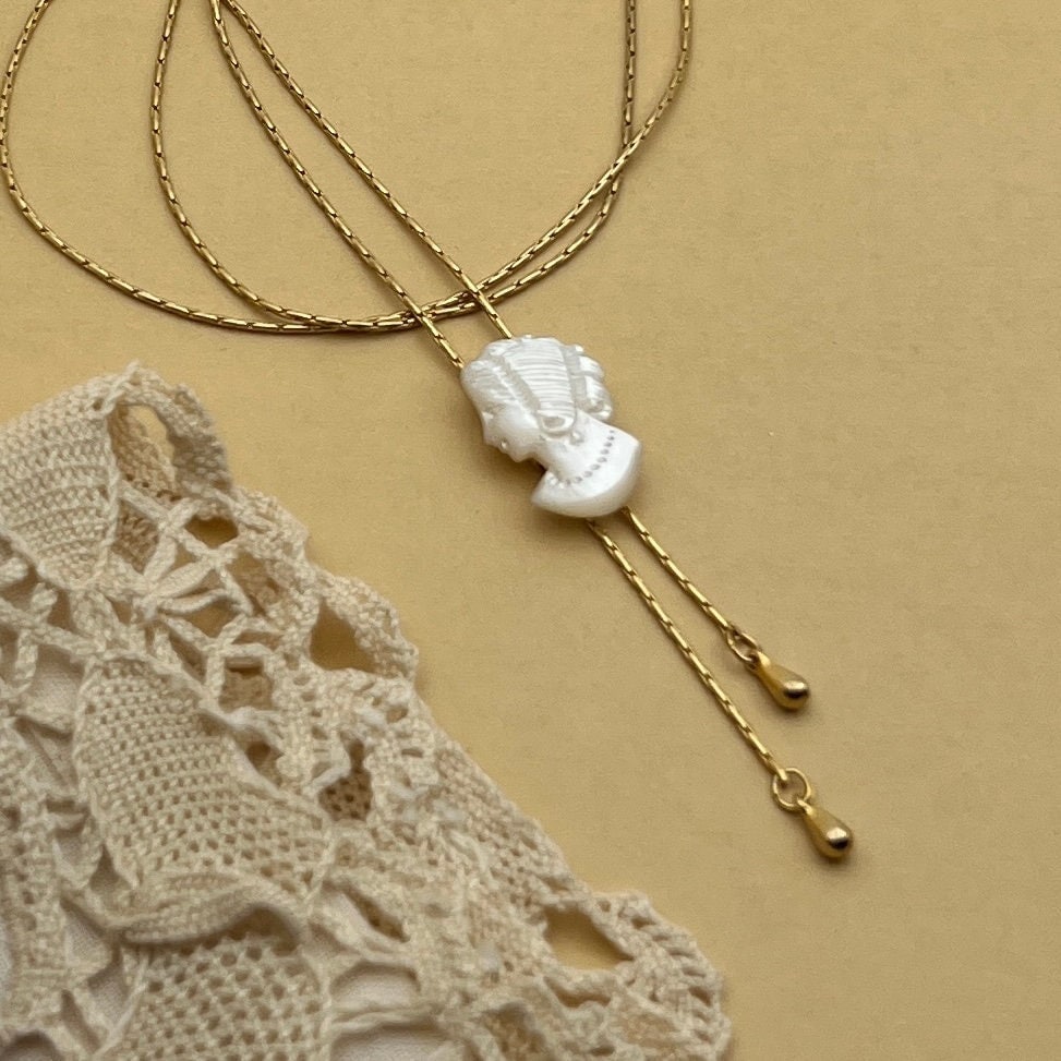 Adjustable Shell Cameo Necklace, Victorian Jewelry, Adjustable Gold or Silver Bolo Necklace