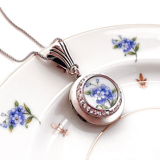 Broken China Jewelry Photo Locket, Forget Me Nots, 20th Anniversary Locket Necklace, Gift for Wife, Gifts for Women