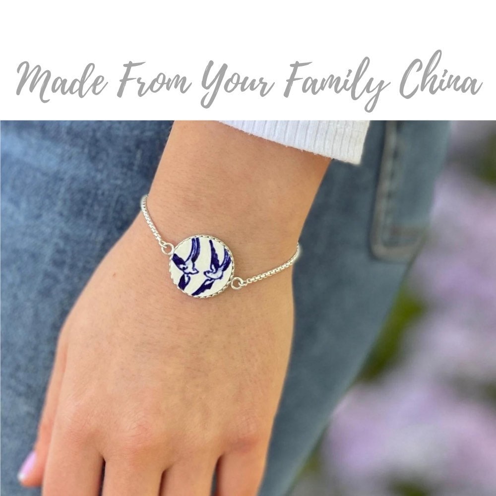 CUSTOM Bolo Adjustable Statement Bracelet, Sterling Silver, Unique Family Gifts, Custom Jewelry, Made From Your China Broken China Jewelry