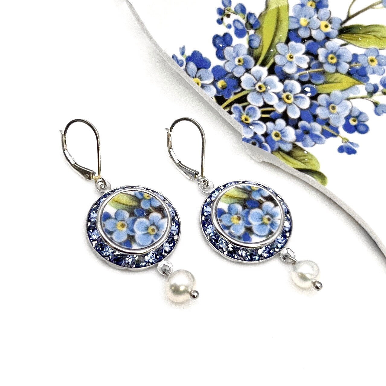 Vintage China Blue Forget Me Not Earrings, Crystal Broken China Jewelry, Anniversary Gift for Her