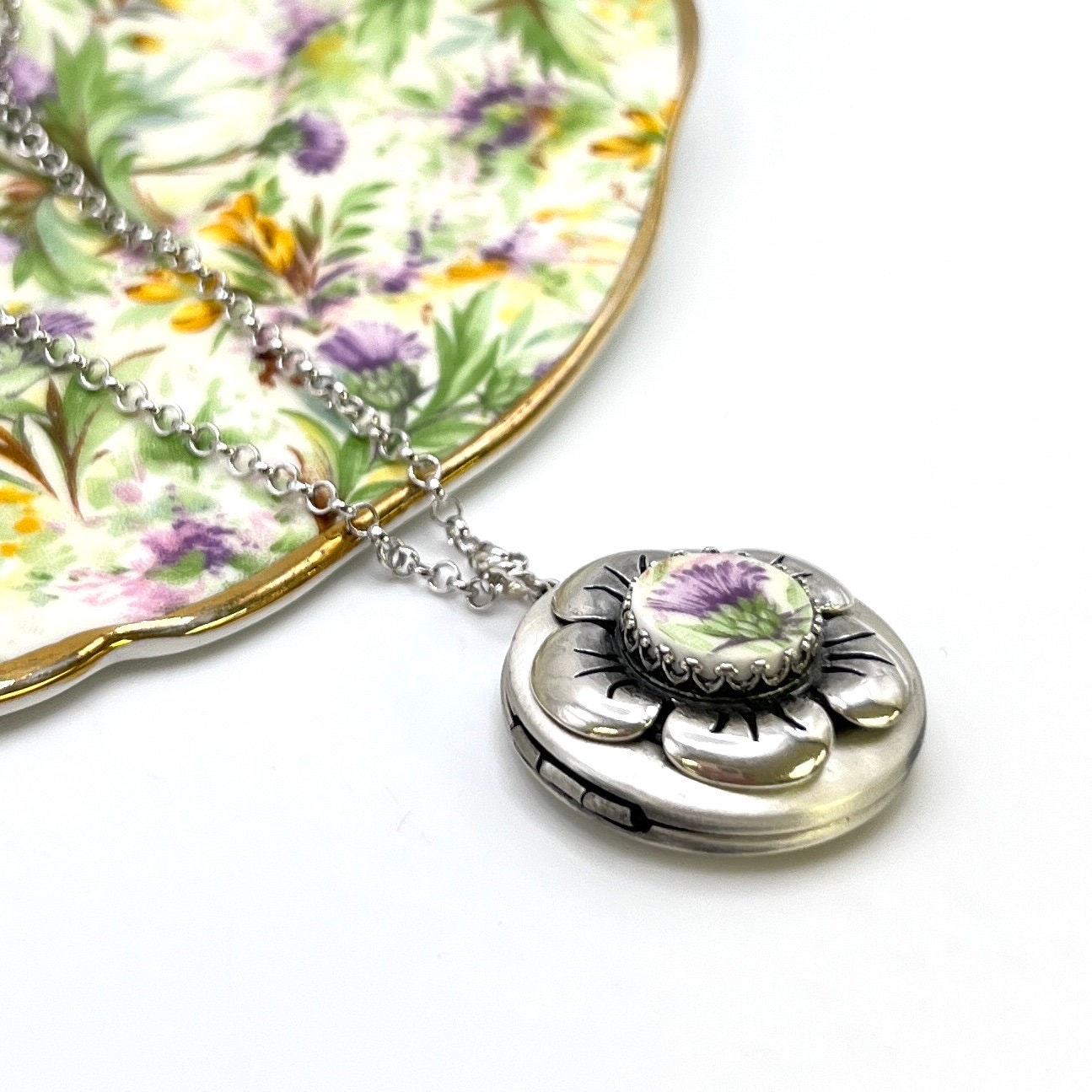 Scottish Thistle Photo Locket Necklace, Silver Jewelry, Scottish Broken China Jewelry, Anniversary Gift for Wife, Gifts for Women