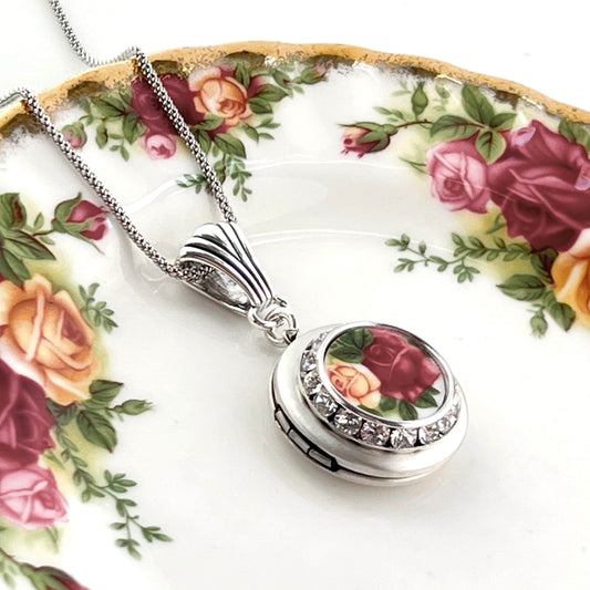 Adjustable Photo Locket, Crystal Necklace, Royal Albert Old Country Roses Locket Necklace, Broken China Jewelry, Gifts for Women