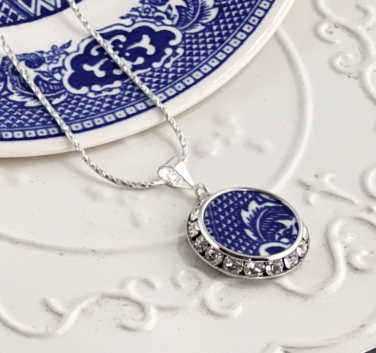 Vintage Blue Willow Ware Jewelry, Adjustable Broken China Jewelry Necklace, Unique Anniversary Gift for Her