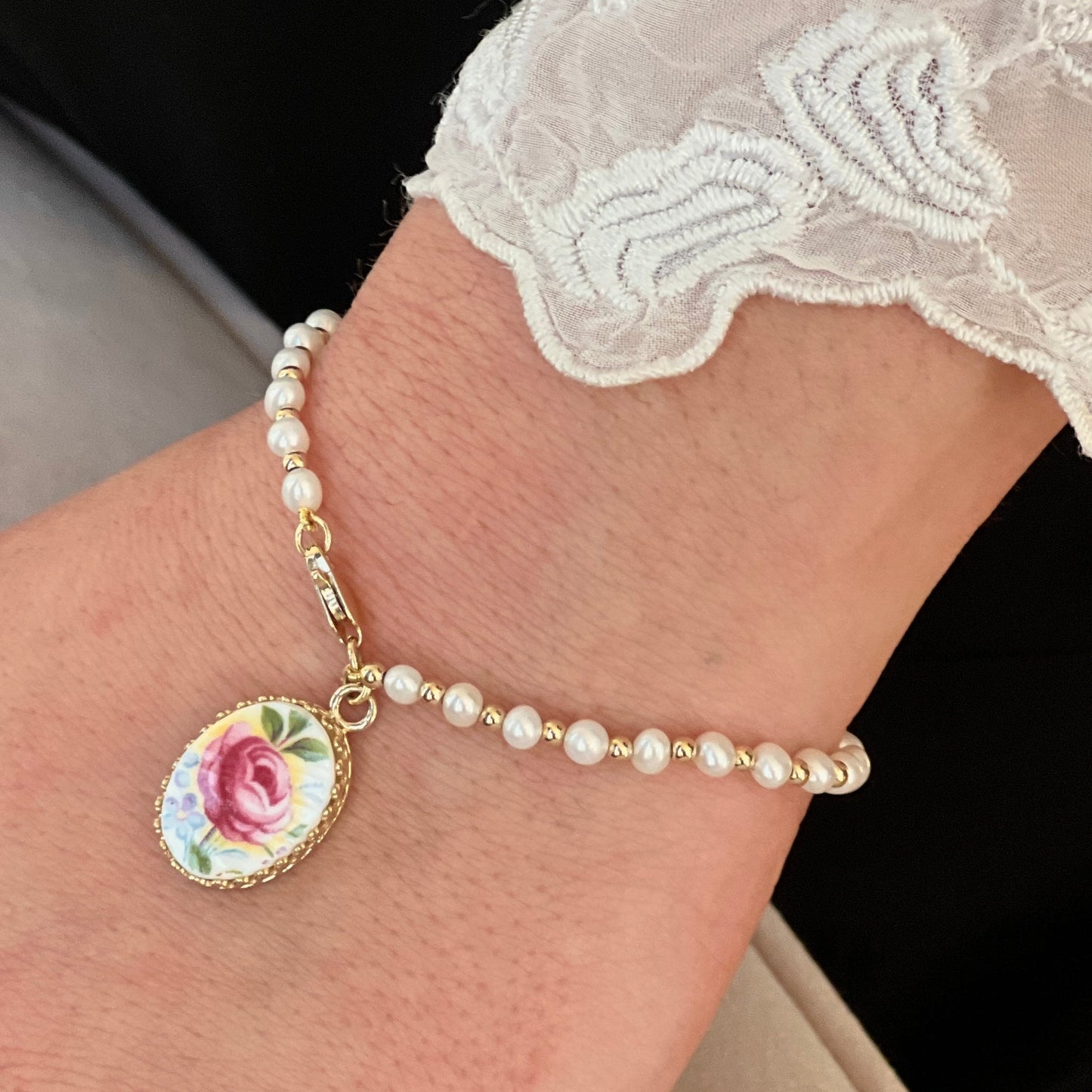 Dainty Pearl and 14k Solid Gold Bracelet, Royal Albert Broken China Jewelry, Romantic 20th Anniversary Gift for Wife