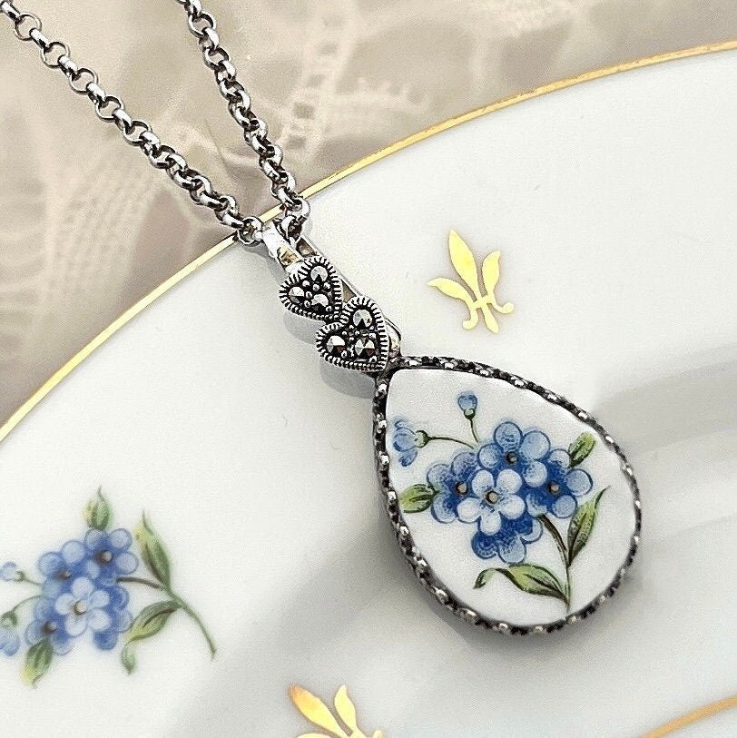 Forget Me Not 20th Wedding Anniversary Gift for Wife, Marcasite Necklace, Broken China Jewelry