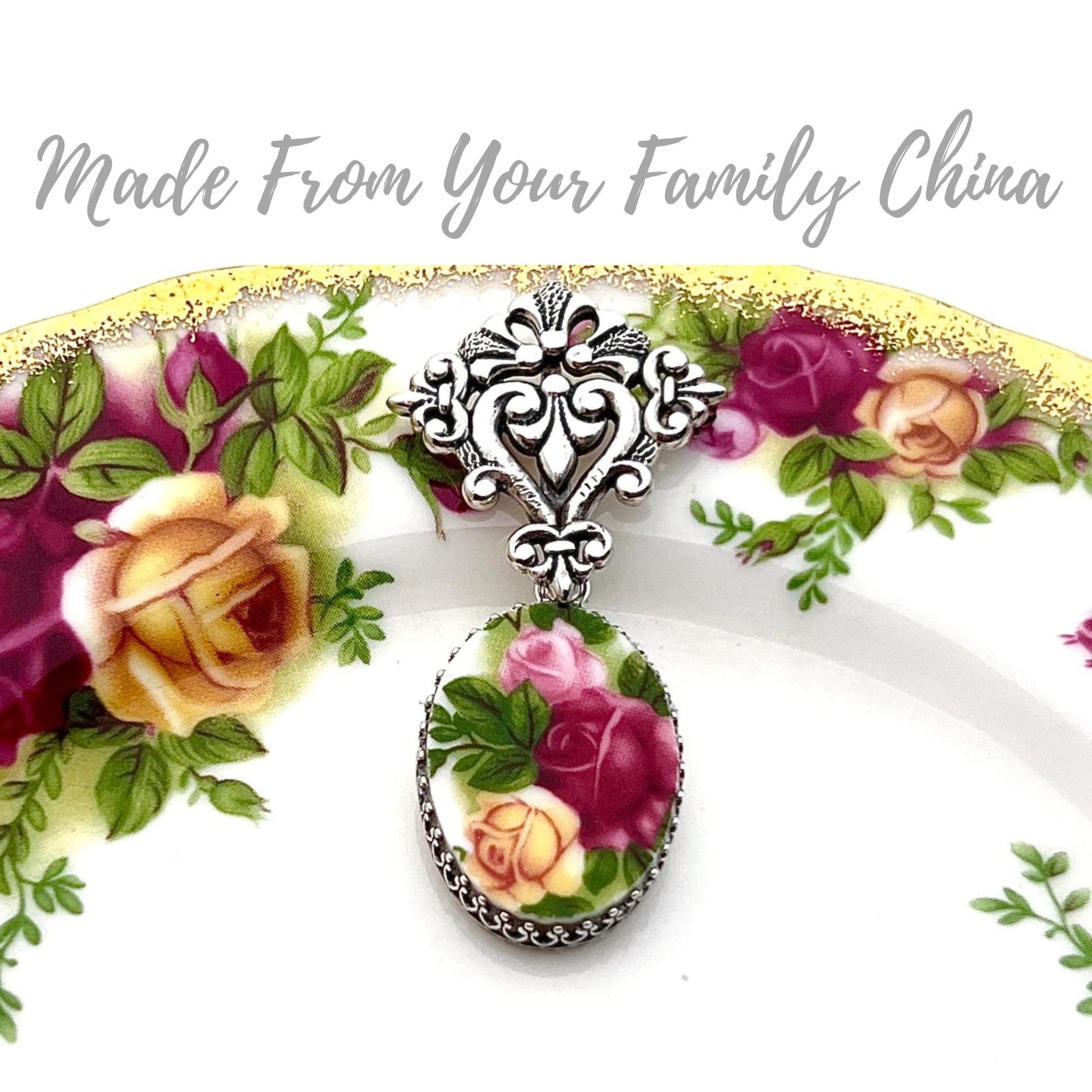 CUSTOM ORDER Fleur De Lis Floral Brooch, Victorian Jewelry, Broken China Jewelry, Family Mom Gift, Made From Your China, Custom Jewelry