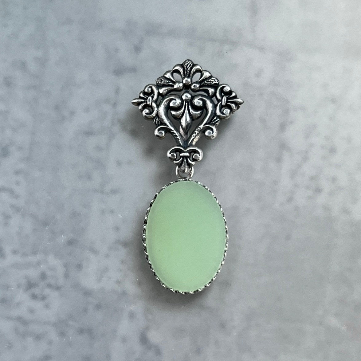 Victorian Brooch, Sterling Silver Pin, Fire King Jadeite, Green Depression Glass